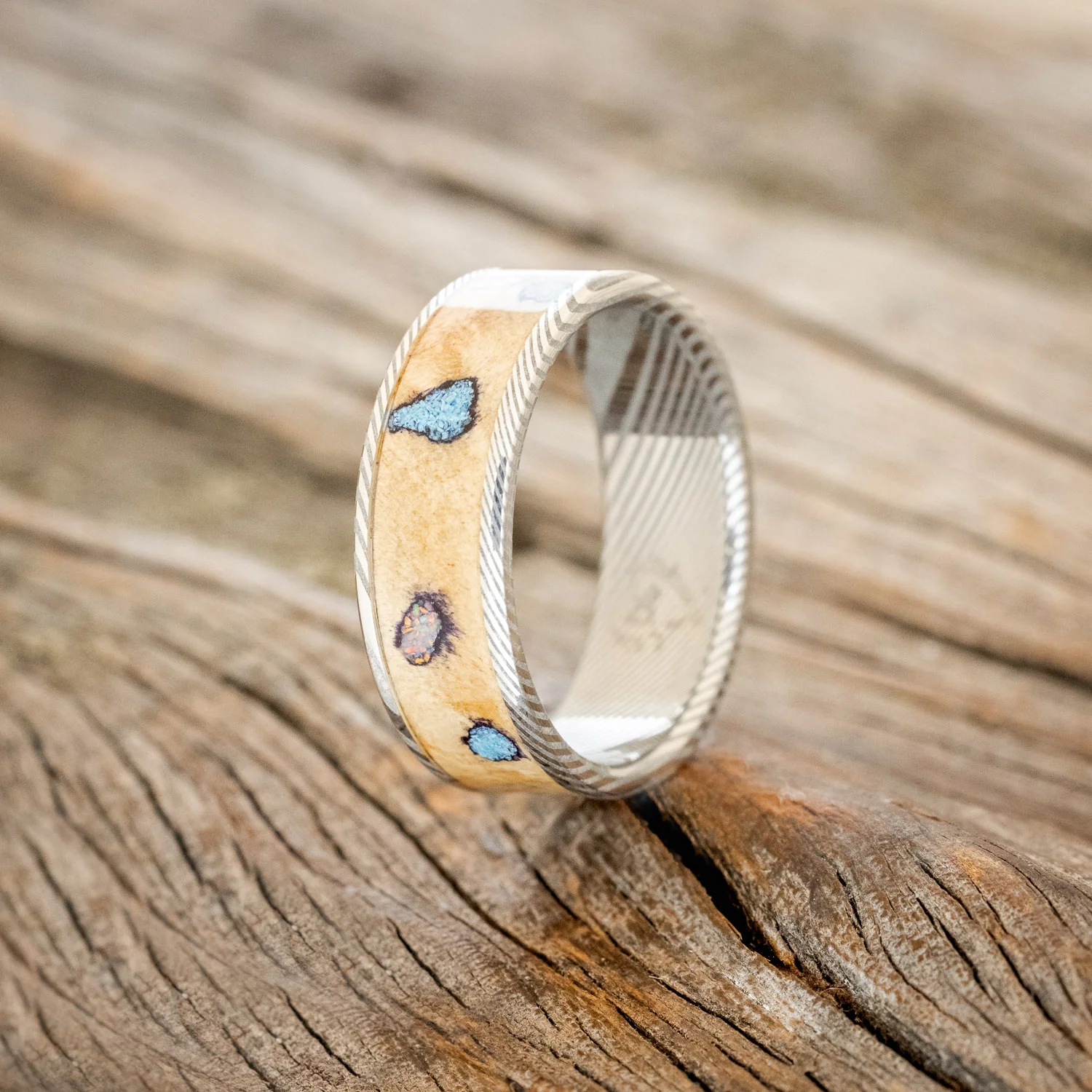 "RAINIER" - BUCKEYE BURL WOOD, OPAL & TURQUOISE WEDDING BAND - Image 7