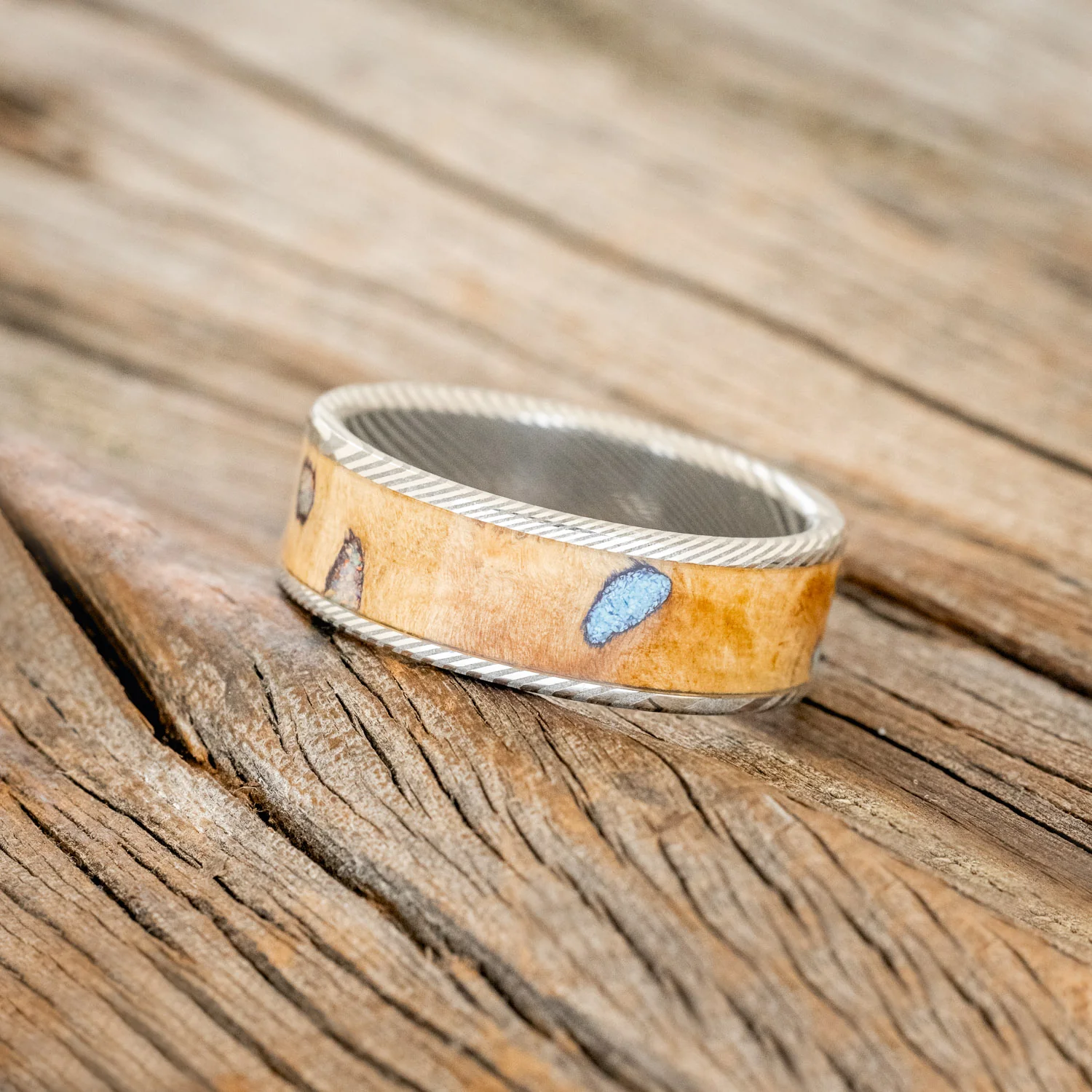 "RAINIER" - BUCKEYE BURL WOOD, OPAL & TURQUOISE WEDDING BAND - Image 8