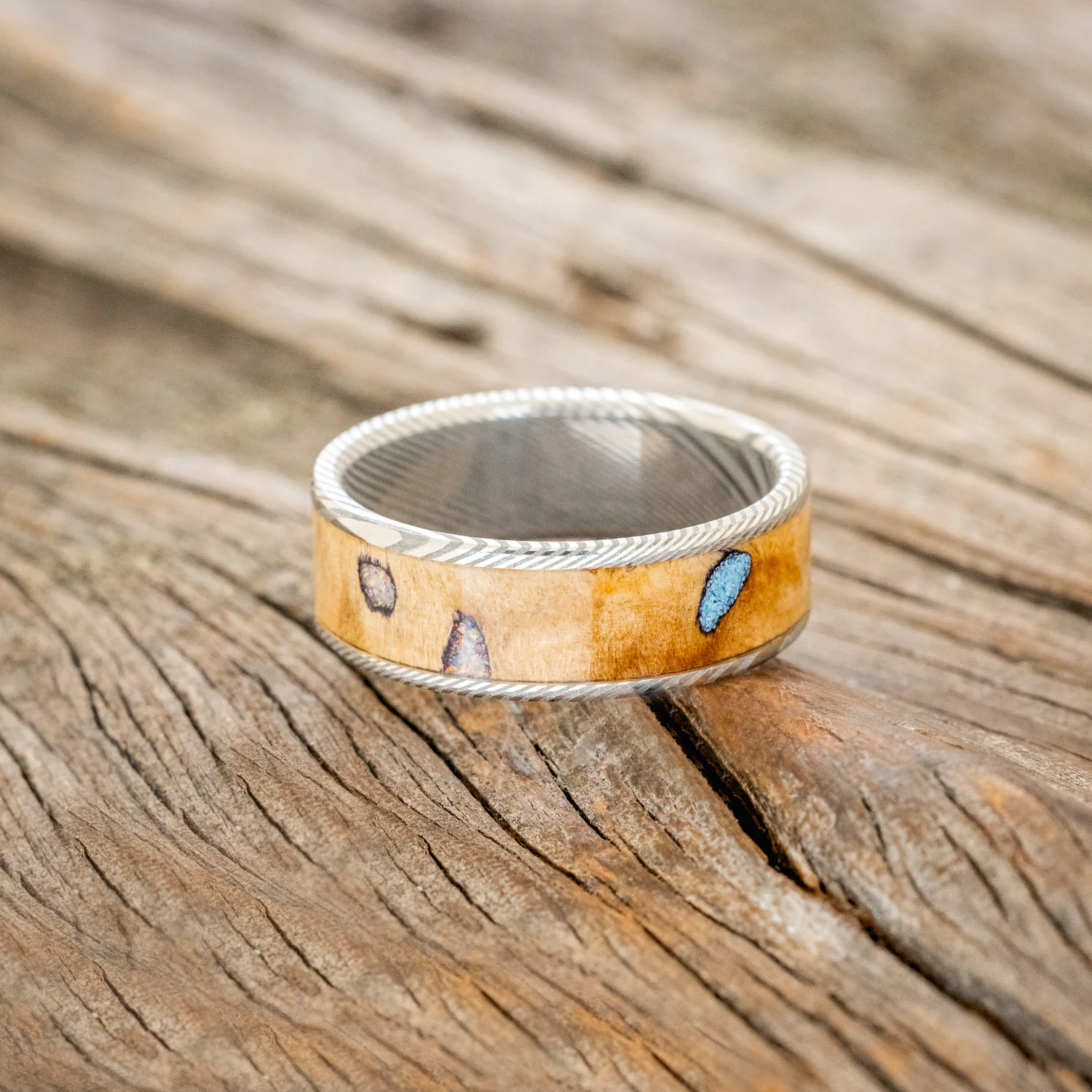 "RAINIER" - BUCKEYE BURL WOOD, OPAL & TURQUOISE WEDDING BAND - Image 9