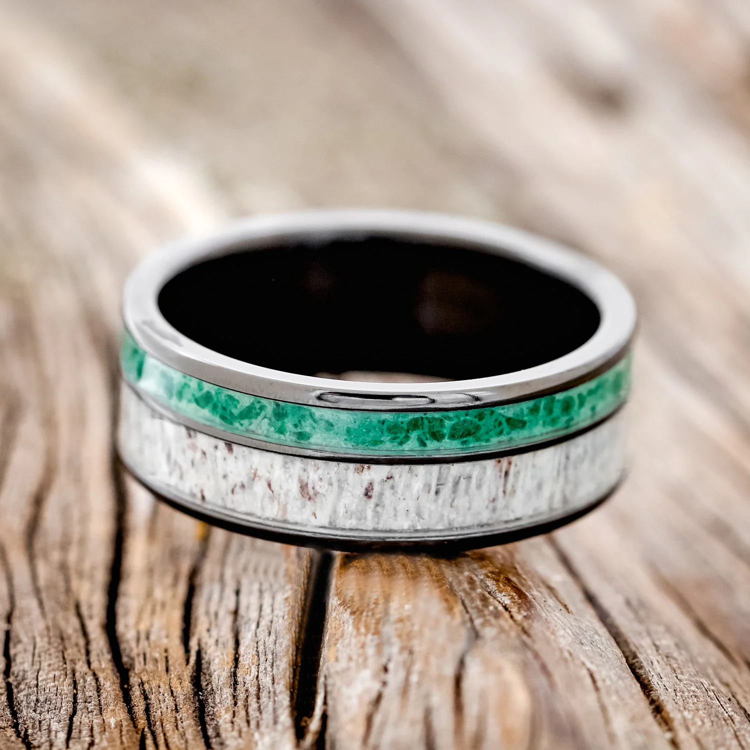 "RAPTOR" - ANTLER & MALACHITE WEDDING BAND - Image 6
