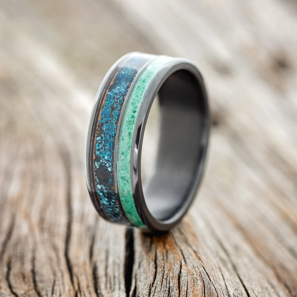 "RAPTOR" - PATINA COPPER & MALACHITE WEDDING BAND - Image 4