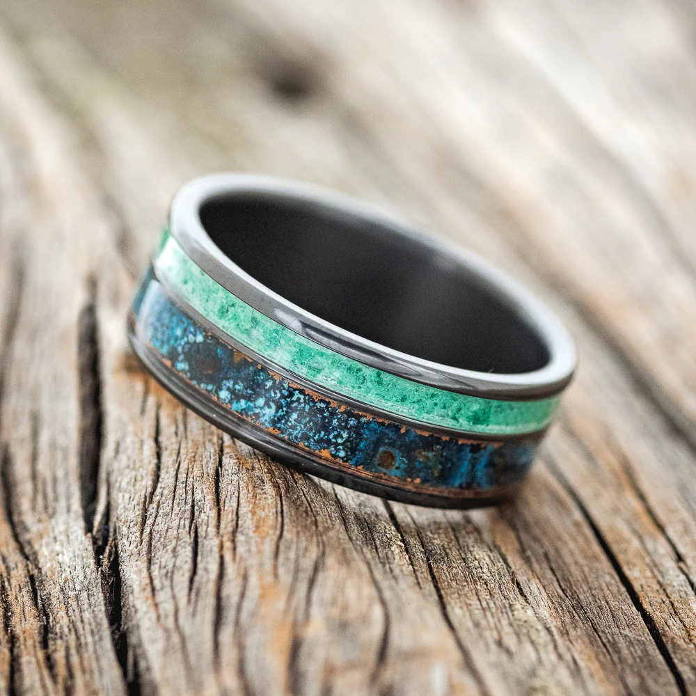 "RAPTOR" - PATINA COPPER & MALACHITE WEDDING BAND - Image 5