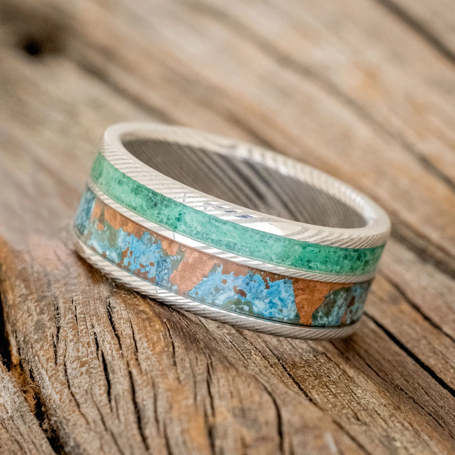 "RAPTOR" - PATINA COPPER & MALACHITE WEDDING BAND - Image 8
