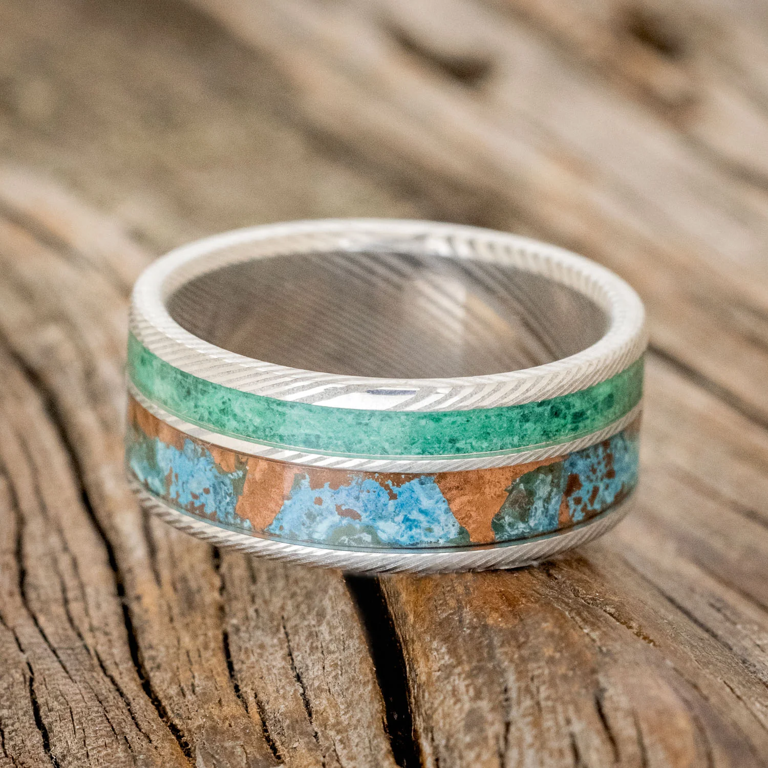 "RAPTOR" - PATINA COPPER & MALACHITE WEDDING BAND - Image 9
