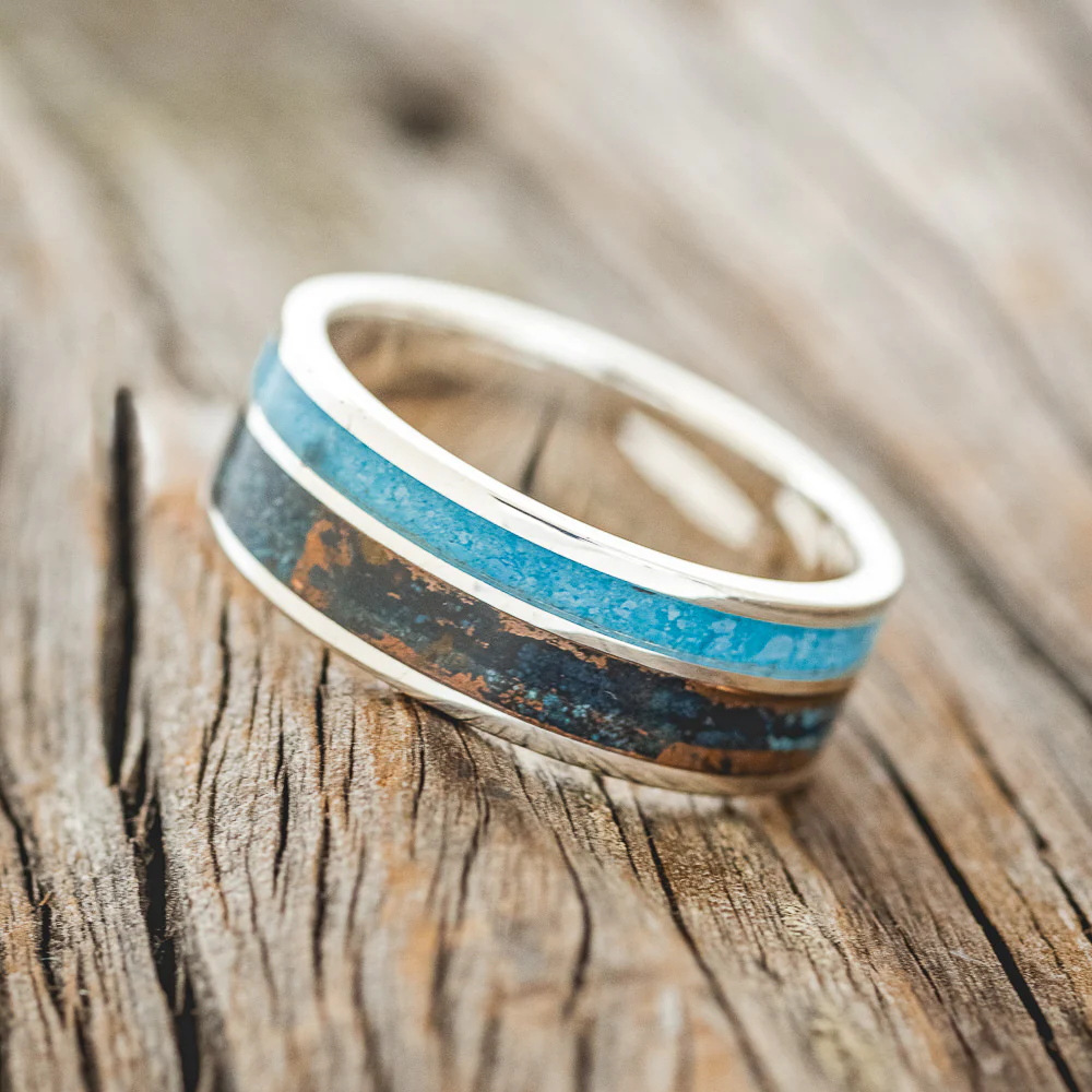 "RAPTOR" - PATINA COPPER & TURQUOISE WEDDING BAND - Image 11