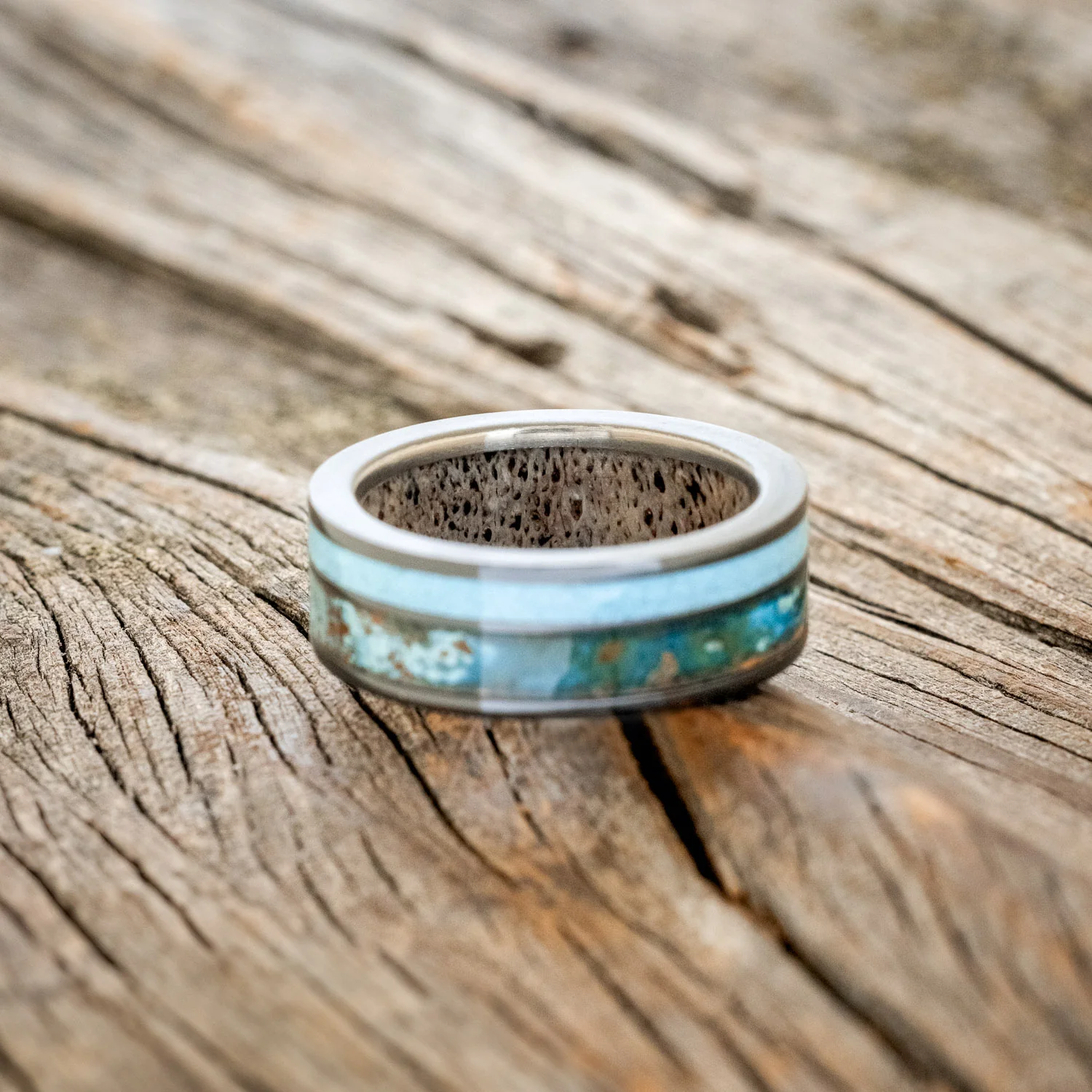 "RAPTOR" - PATINA COPPER & TURQUOISE WEDDING RING FEATURING AN ANTLER LINED BAND - Image 11