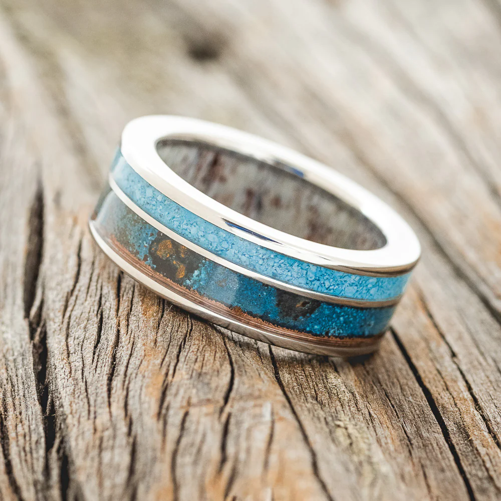 "RAPTOR" - PATINA COPPER & TURQUOISE WEDDING RING FEATURING AN ANTLER LINED BAND - Image 3