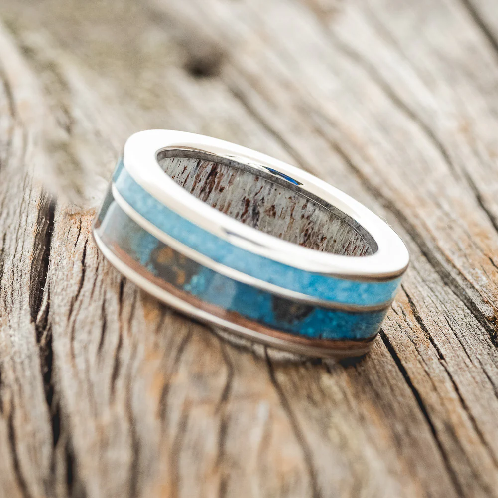 "RAPTOR" - PATINA COPPER & TURQUOISE WEDDING RING FEATURING AN ANTLER LINED BAND - Image 4