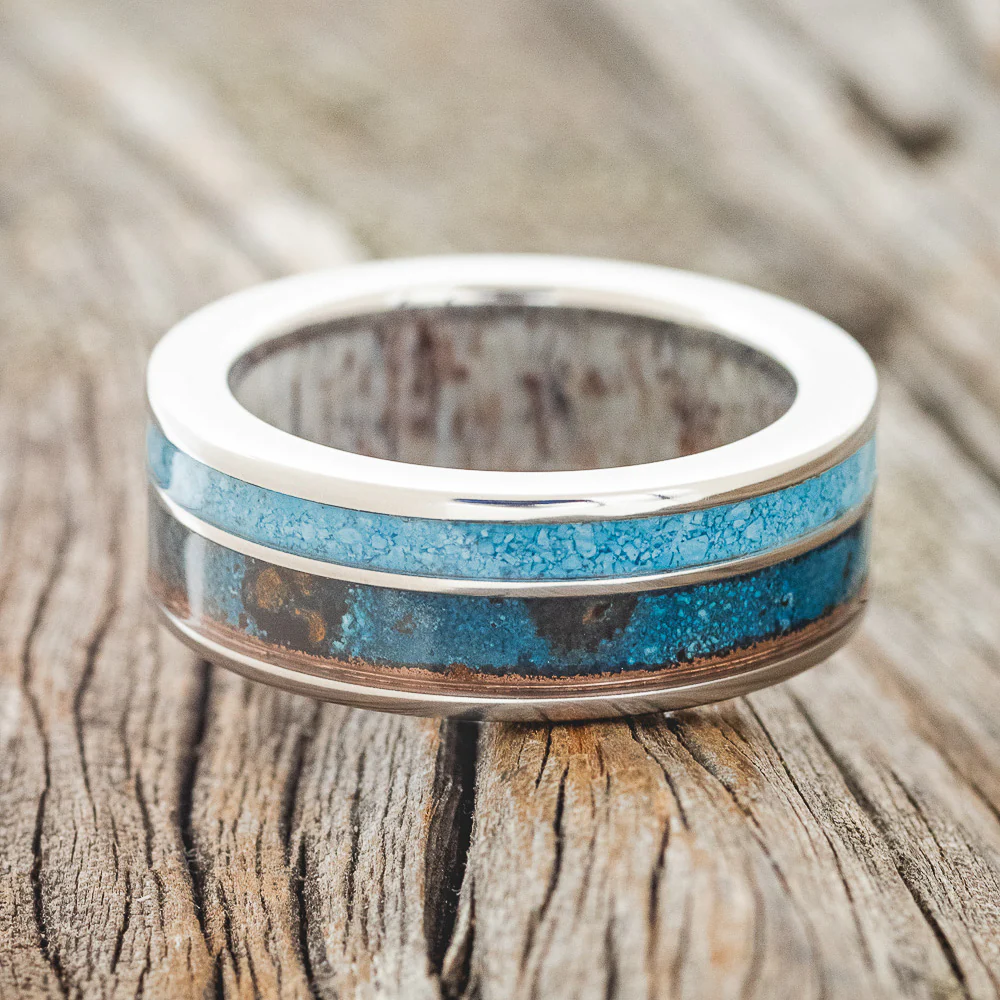 "RAPTOR" - PATINA COPPER & TURQUOISE WEDDING RING FEATURING AN ANTLER LINED BAND - Image 5
