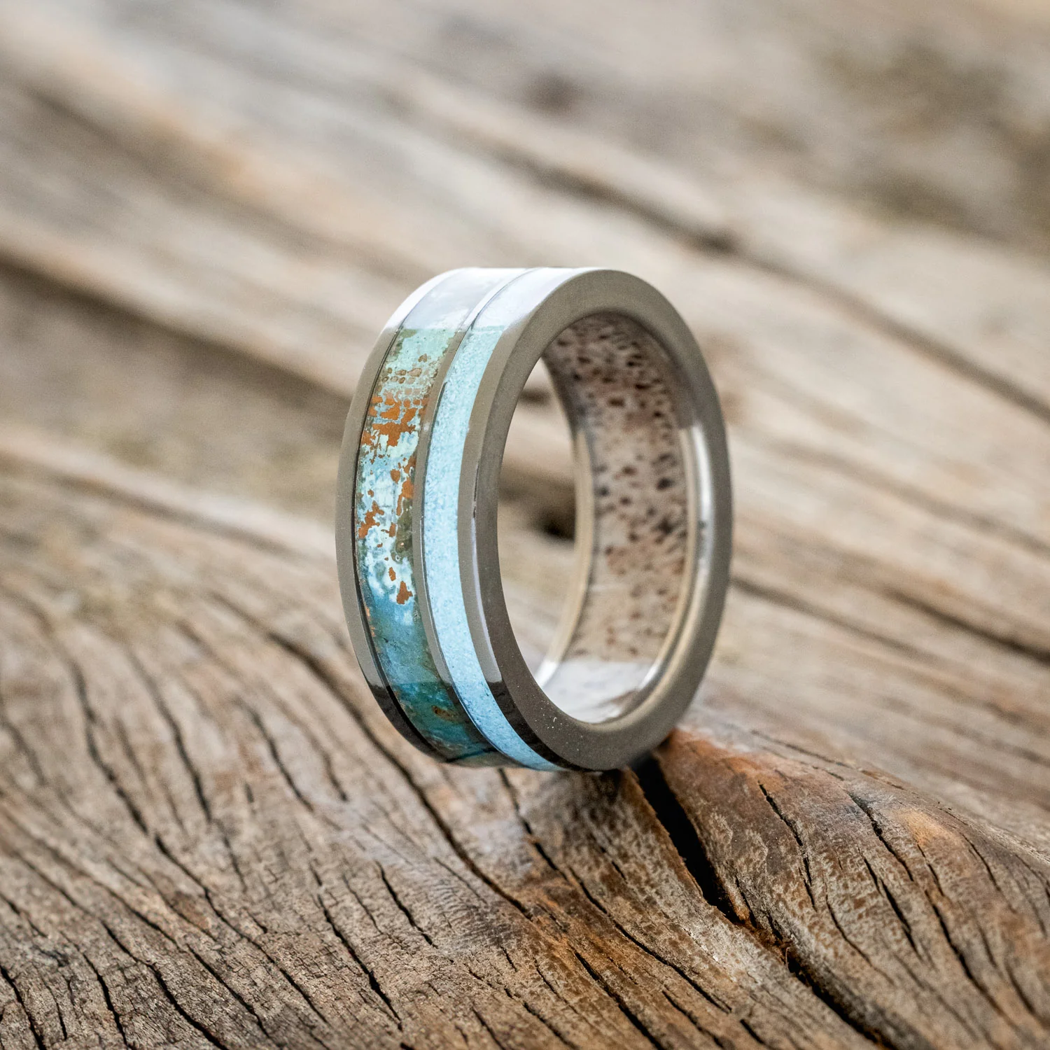 "RAPTOR" - PATINA COPPER & TURQUOISE WEDDING RING FEATURING AN ANTLER LINED BAND - Image 6