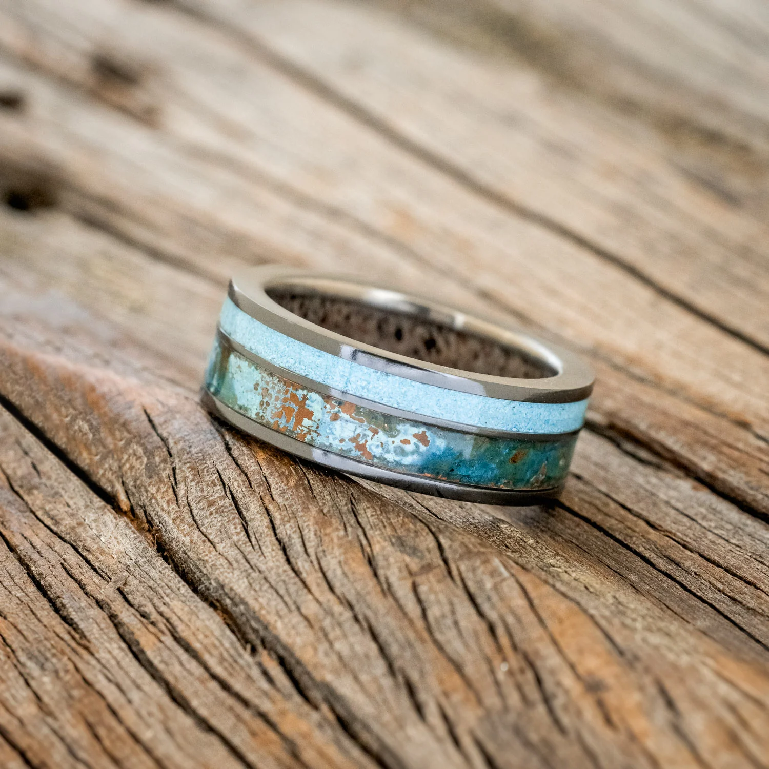 "RAPTOR" - PATINA COPPER & TURQUOISE WEDDING RING FEATURING AN ANTLER LINED BAND - Image 7