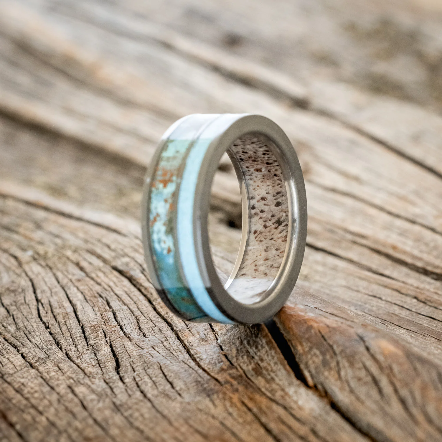 "RAPTOR" - PATINA COPPER & TURQUOISE WEDDING RING FEATURING AN ANTLER LINED BAND - Image 9