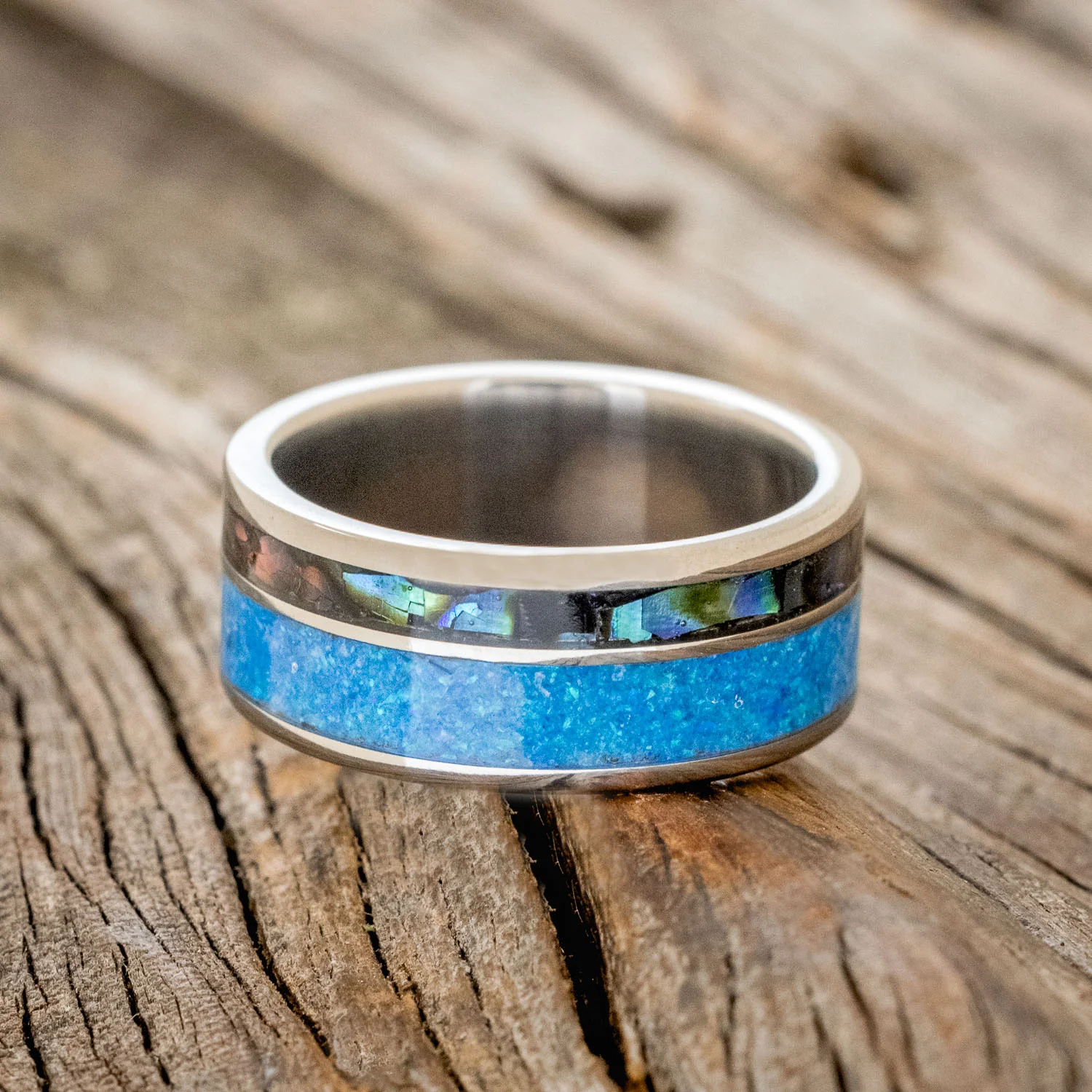 "RAPTOR" - PAUA SHELL & BLUE OPAL WEDDING BAND - Image 3