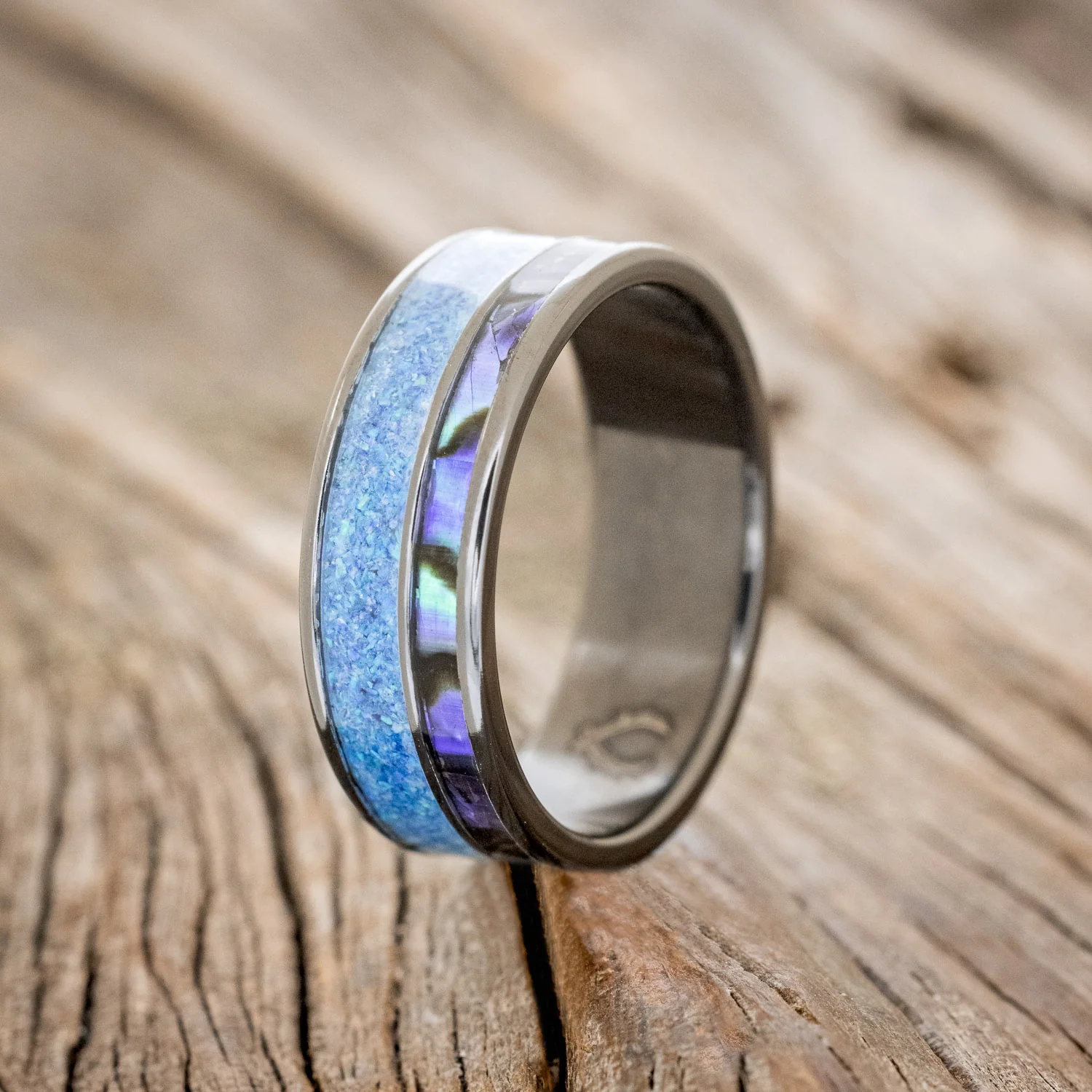 "RAPTOR" - PAUA SHELL & BLUE OPAL WEDDING BAND - Image 4