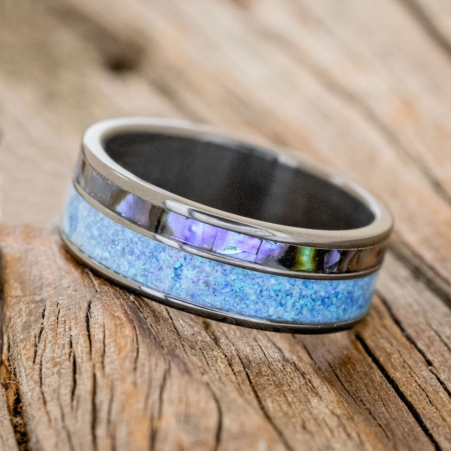 "RAPTOR" - PAUA SHELL & BLUE OPAL WEDDING BAND - Image 5