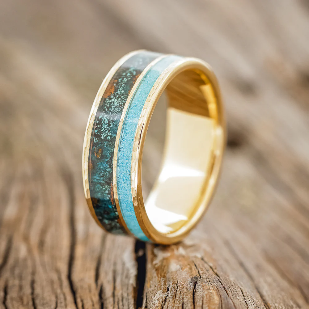 "RAPTOR" - TURQUOISE & PATINA COPPER WEDDING RING FEATURING A HAMMERED 14K GOLD BAND - Image 4