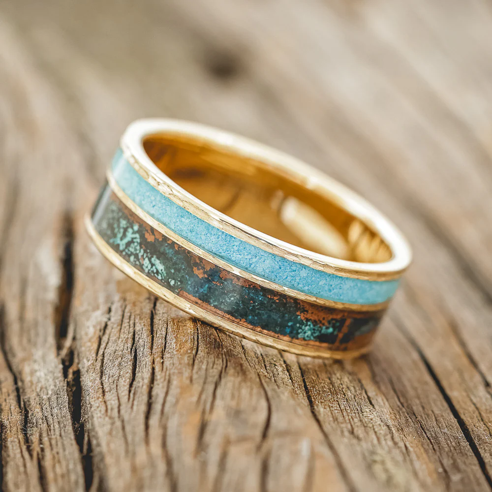 "RAPTOR" - TURQUOISE & PATINA COPPER WEDDING RING FEATURING A HAMMERED 14K GOLD BAND - Image 5