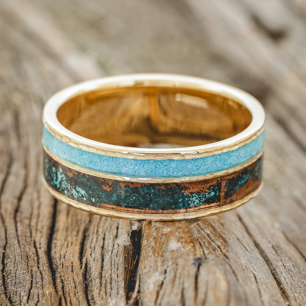 "RAPTOR" - TURQUOISE & PATINA COPPER WEDDING RING FEATURING A HAMMERED 14K GOLD BAND - Image 6