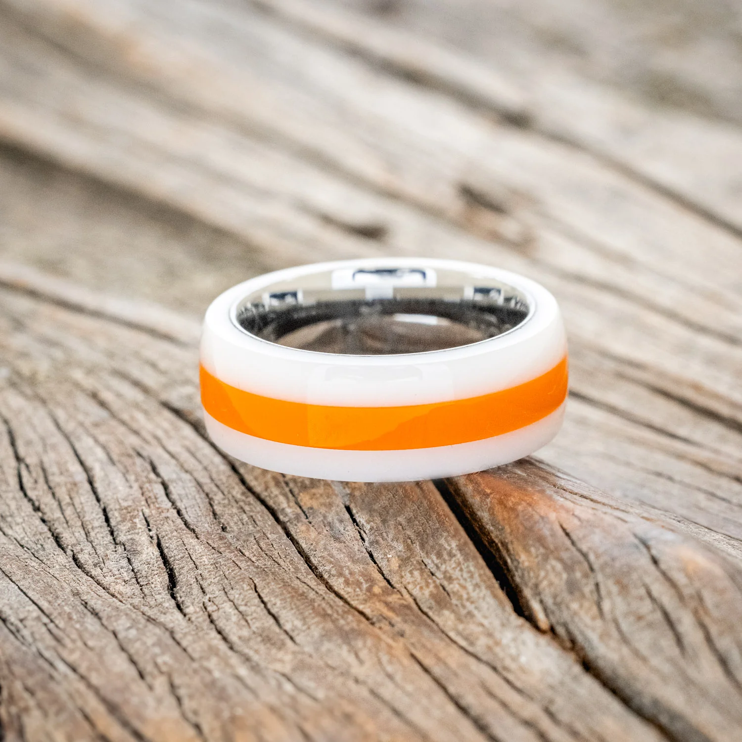 "REMMY" - ORANGE & WHITE ACRYLIC WEDDING BAND - Image 3