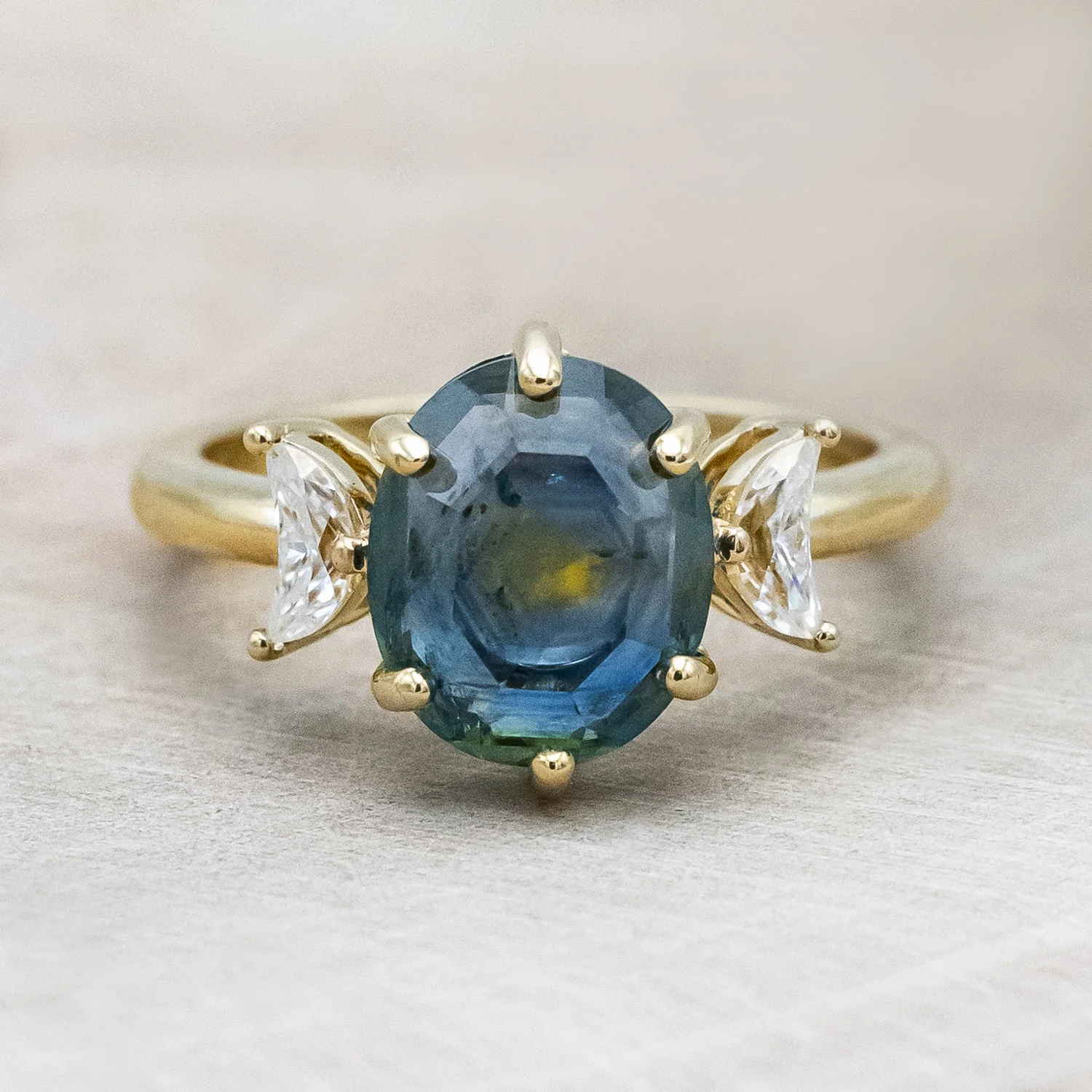 ONE-OF-A-KIND - "RHIANNON" - MONTANA SAPPHIRE ENGAGEMENT RING WITH TWO CRESCENT MOON MOISSANITE ACCENTS - Image 5