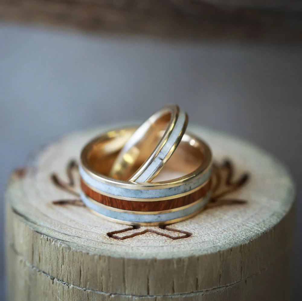 "RIO" - MATCHING SET IRONWOOD & ANTLER WEDDING RINGS FEATURING 14K GOLD BANDS - Image 10