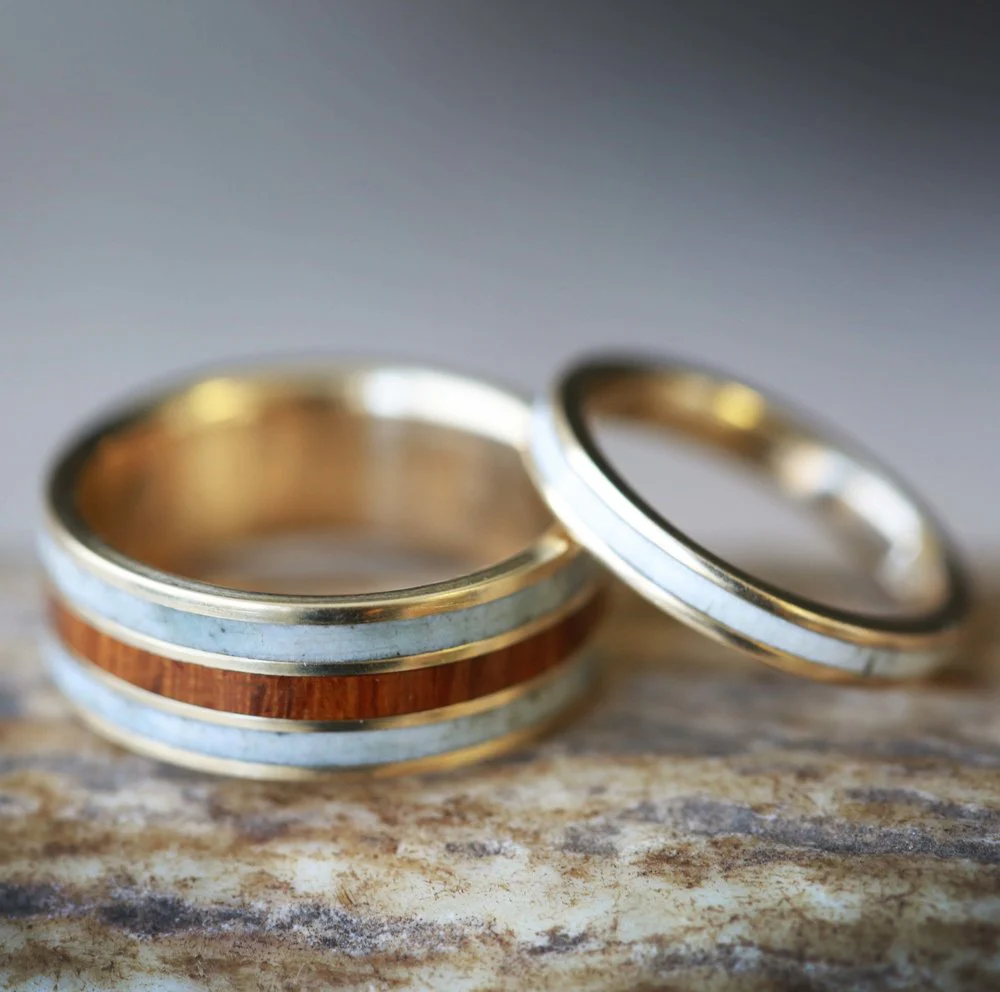 "RIO" - MATCHING SET IRONWOOD & ANTLER WEDDING RINGS FEATURING 14K GOLD BANDS - Image 11