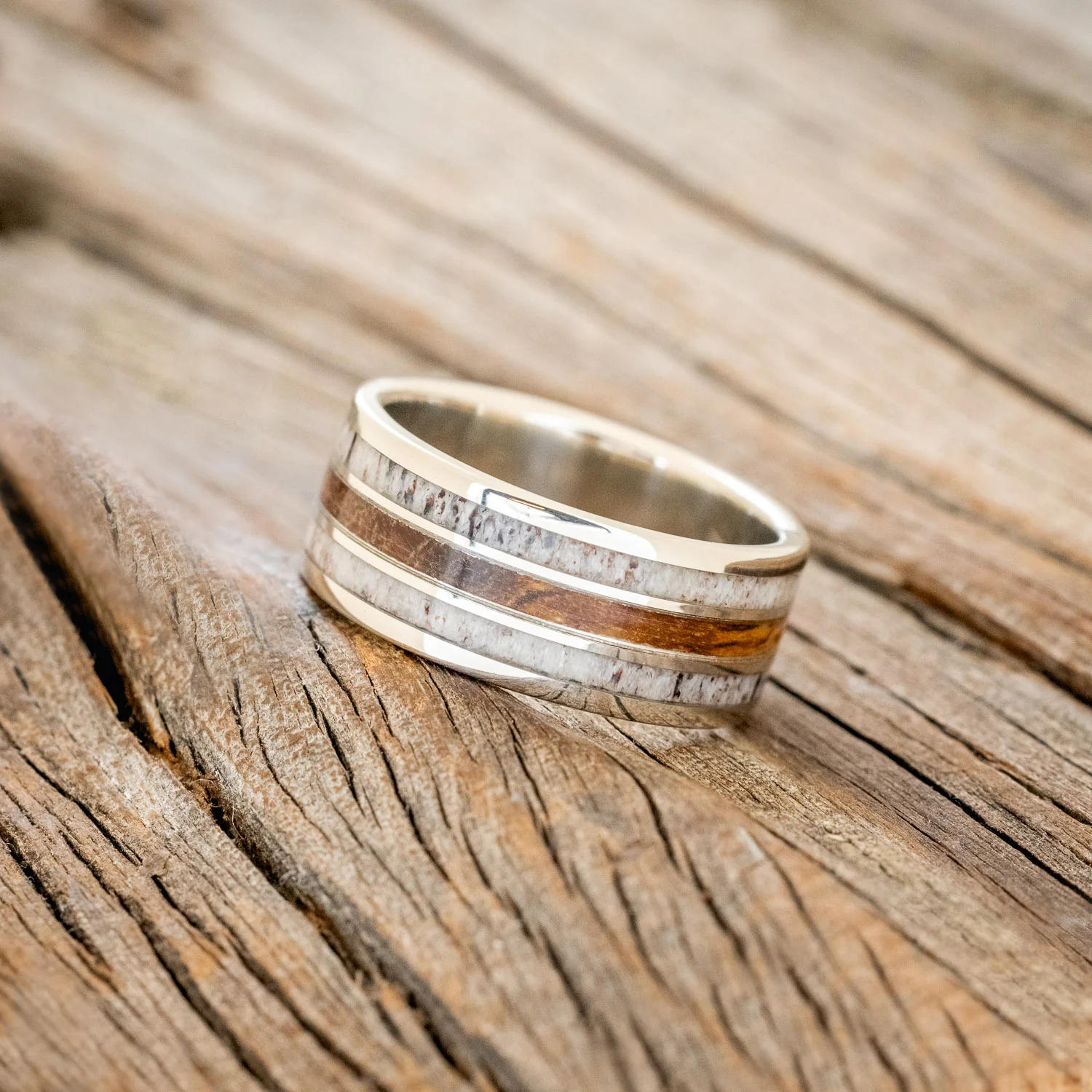 "RIO" - MATCHING SET IRONWOOD & ANTLER WEDDING RINGS FEATURING 14K GOLD BANDS - Image 3
