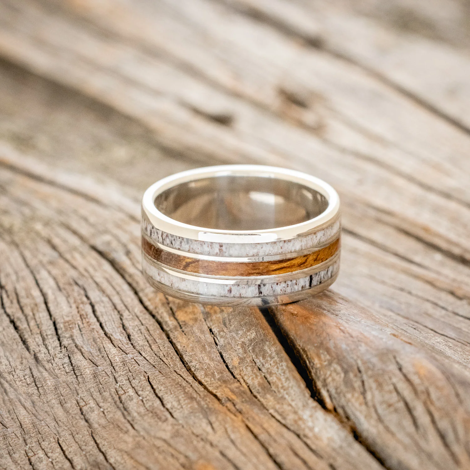 "RIO" - MATCHING SET IRONWOOD & ANTLER WEDDING RINGS FEATURING 14K GOLD BANDS - Image 4