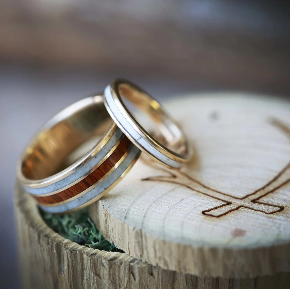 "RIO" - MATCHING SET IRONWOOD & ANTLER WEDDING RINGS FEATURING 14K GOLD BANDS - Image 8