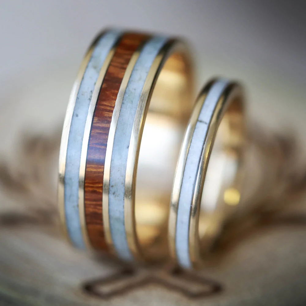 "RIO" - MATCHING SET IRONWOOD & ANTLER WEDDING RINGS FEATURING 14K GOLD BANDS - Image 9