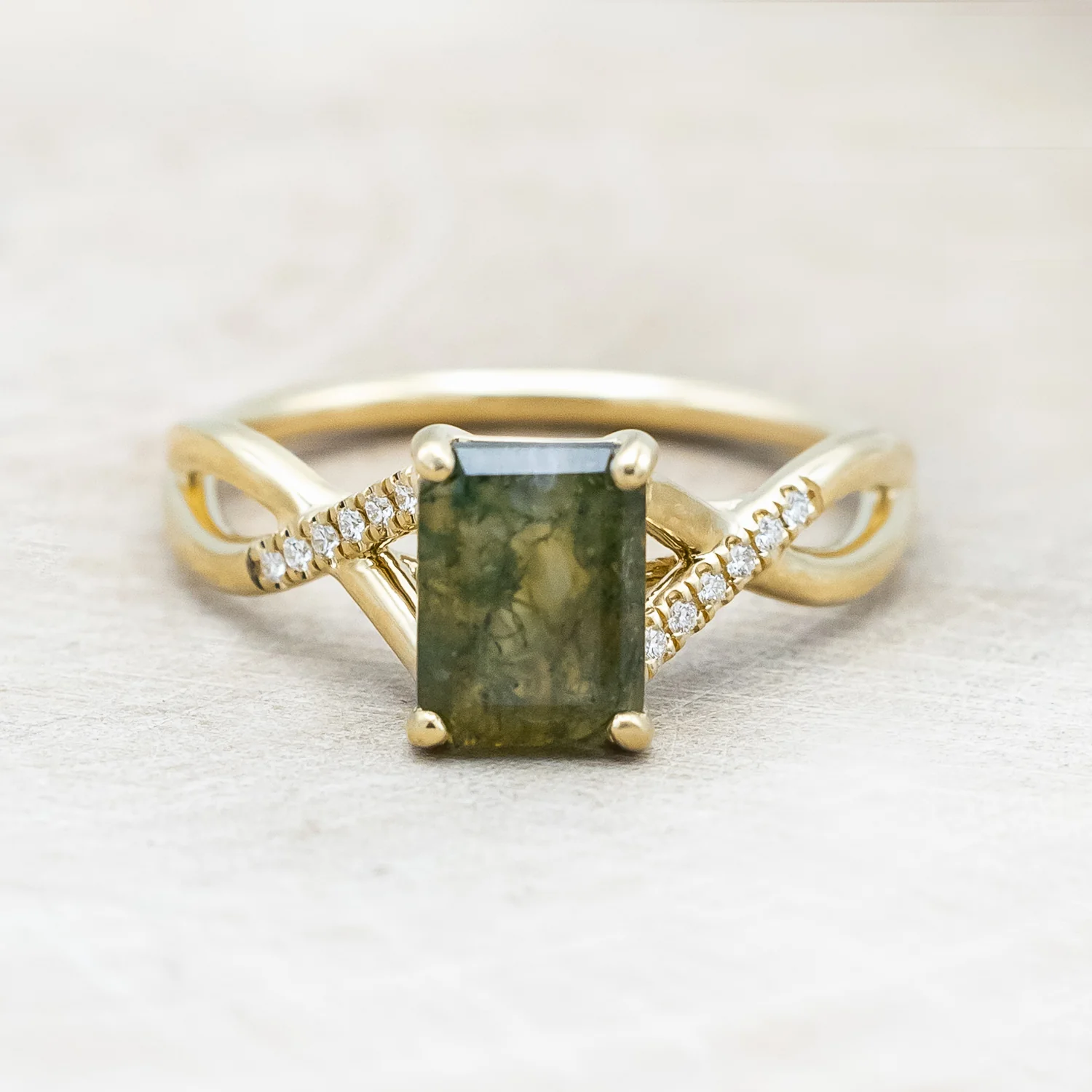 "ROSLYN" - EMERALD CUT MOSS AGATE ENGAGEMENT RING WITH DIAMOND ACCENTS - Image 5