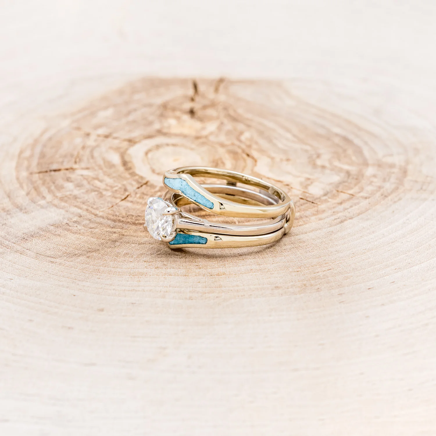 ROUND CUT MOISSANITE SOLITAIRE ENGAGEMENT RING WITH "ZUNI" TURQUOISE RING GUARD - Image 3