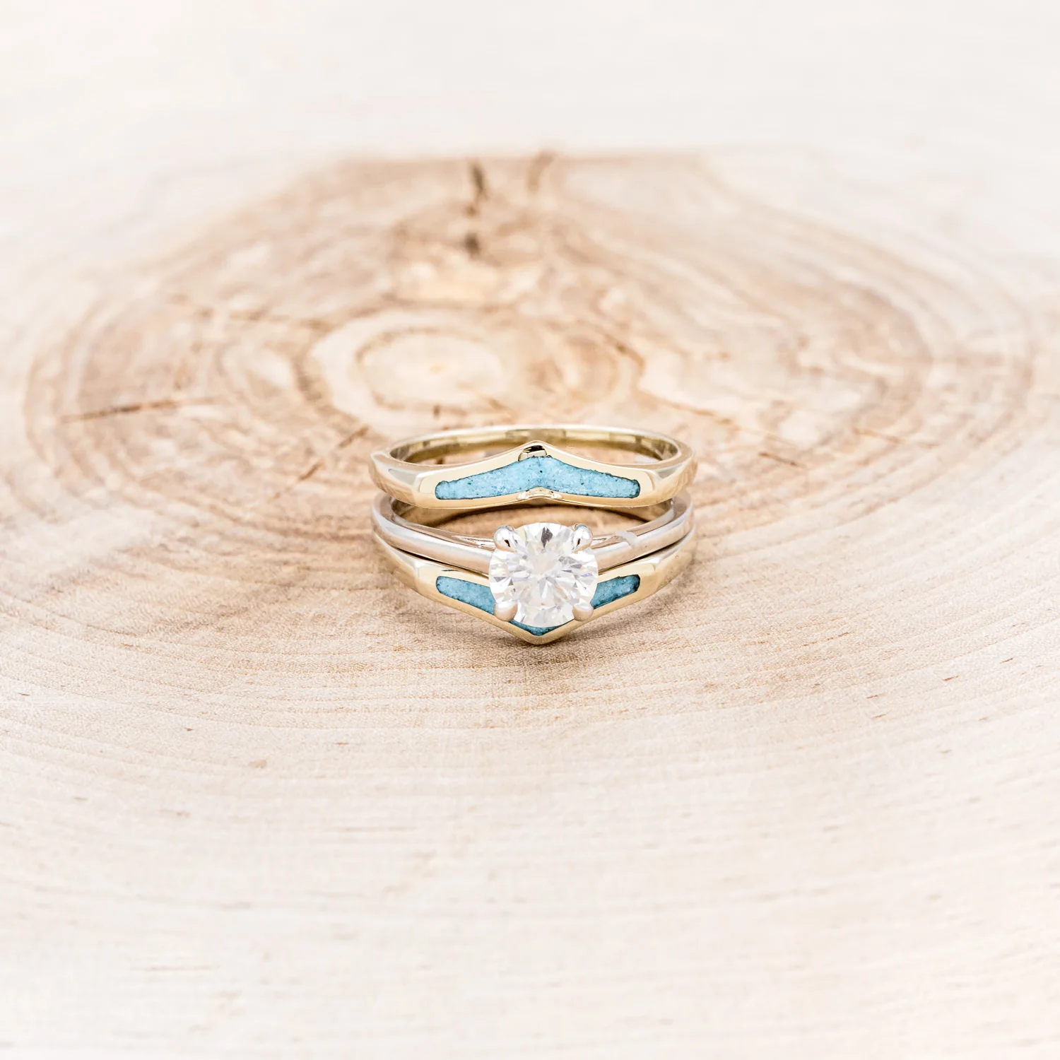 ROUND CUT MOISSANITE SOLITAIRE ENGAGEMENT RING WITH "ZUNI" TURQUOISE RING GUARD - Image 4