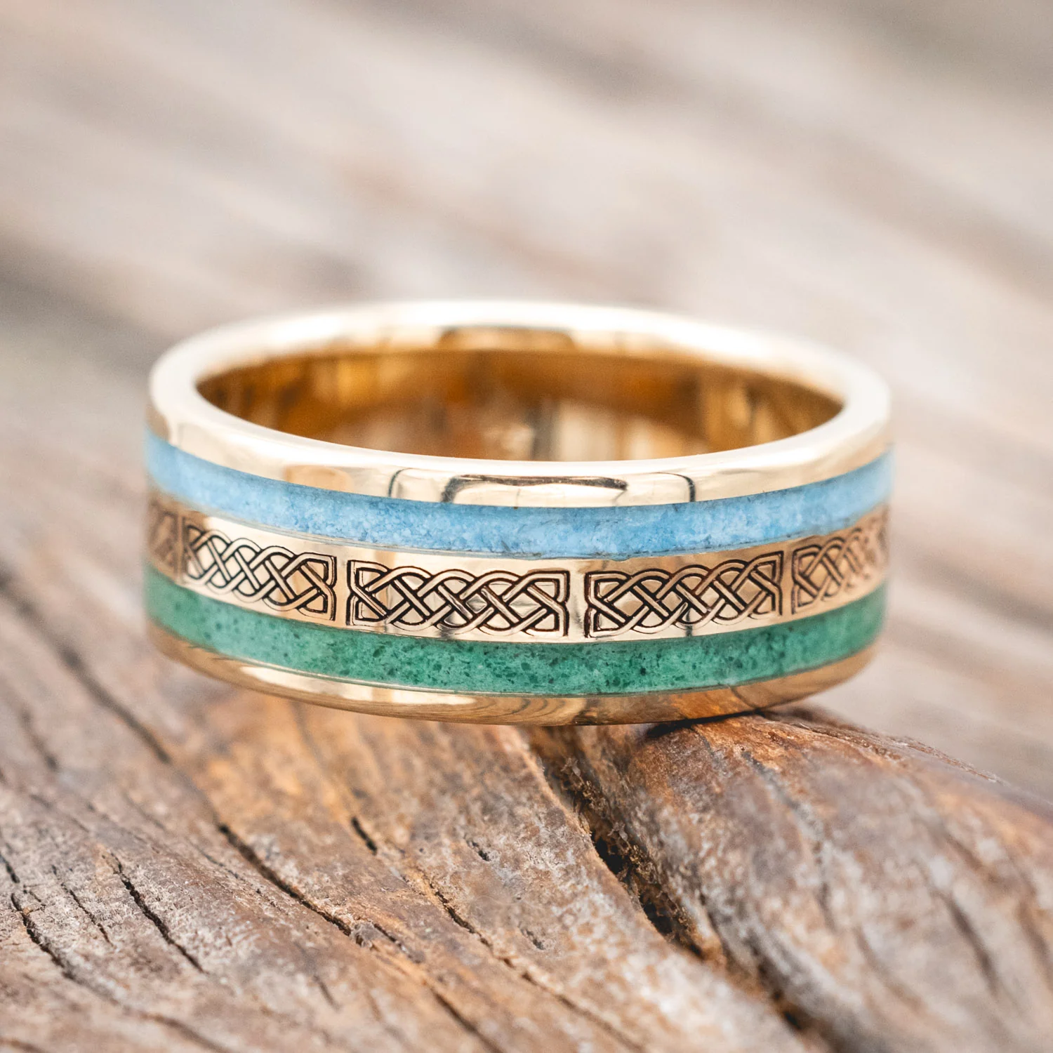 "RYDER" - CELTIC SAILOR'S KNOT ENGRAVED, MALACHITE & TURQUOISE WEDDING RING - Image 10