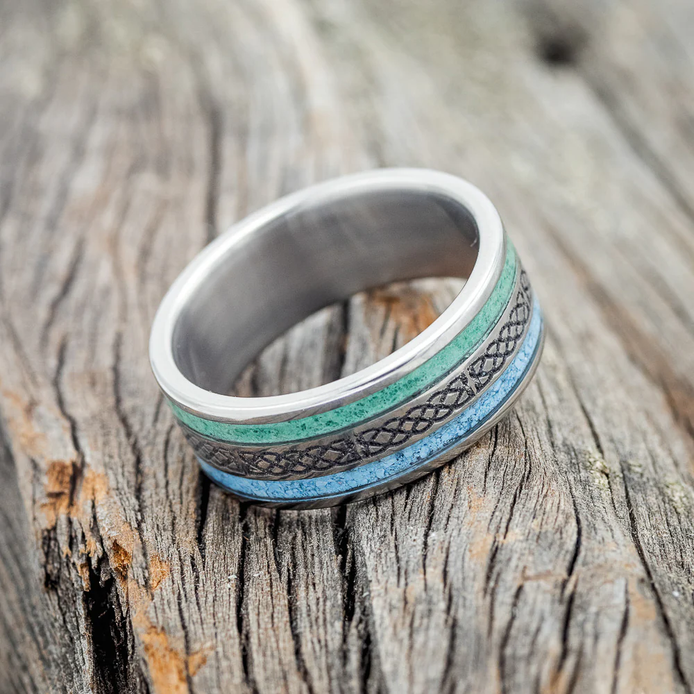 "RYDER" - CELTIC SAILOR'S KNOT ENGRAVED, MALACHITE & TURQUOISE WEDDING RING - Image 3