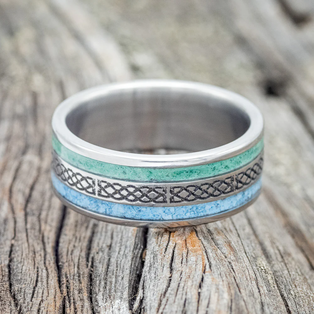 "RYDER" - CELTIC SAILOR'S KNOT ENGRAVED, MALACHITE & TURQUOISE WEDDING RING - Image 4