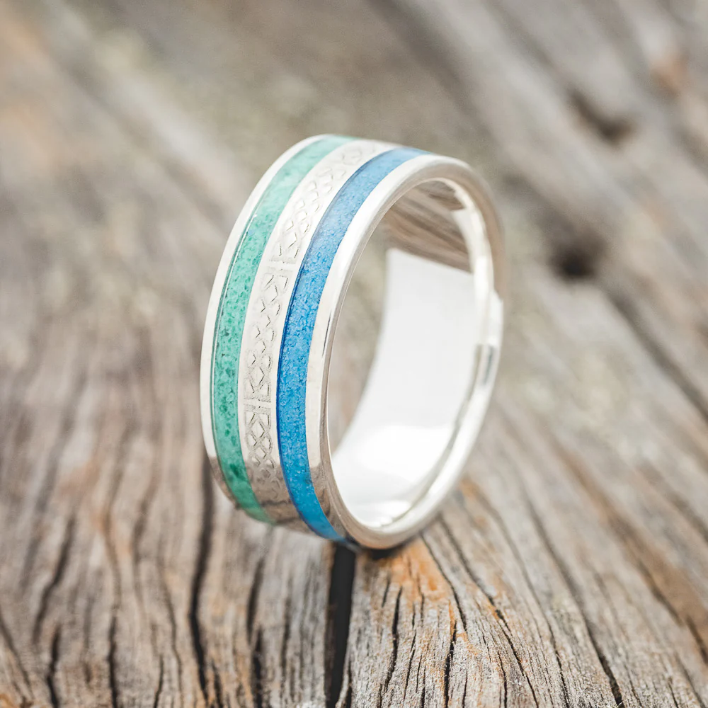 "RYDER" - CELTIC SAILOR'S KNOT ENGRAVED, MALACHITE & TURQUOISE WEDDING RING - Image 5