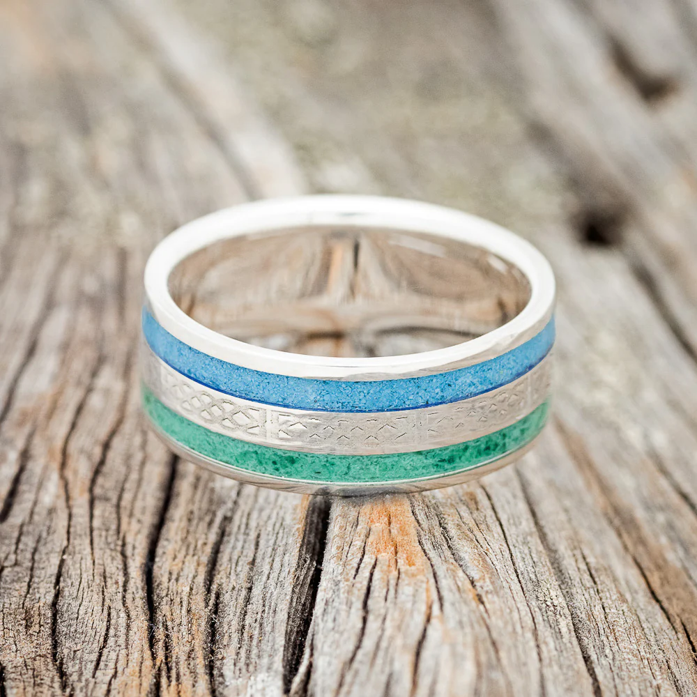 "RYDER" - CELTIC SAILOR'S KNOT ENGRAVED, MALACHITE & TURQUOISE WEDDING RING - Image 7