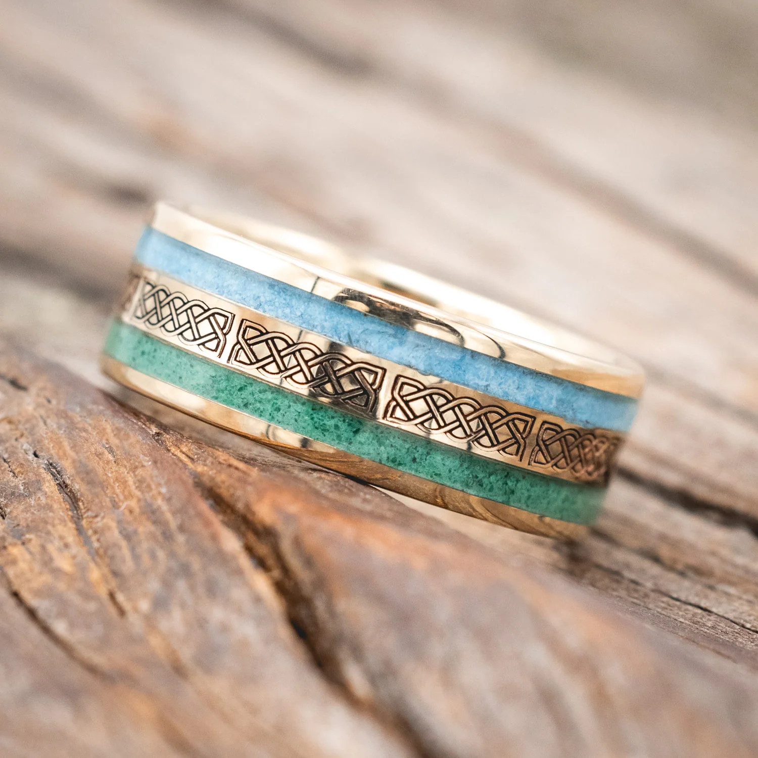 "RYDER" - CELTIC SAILOR'S KNOT ENGRAVED, MALACHITE & TURQUOISE WEDDING RING - Image 9