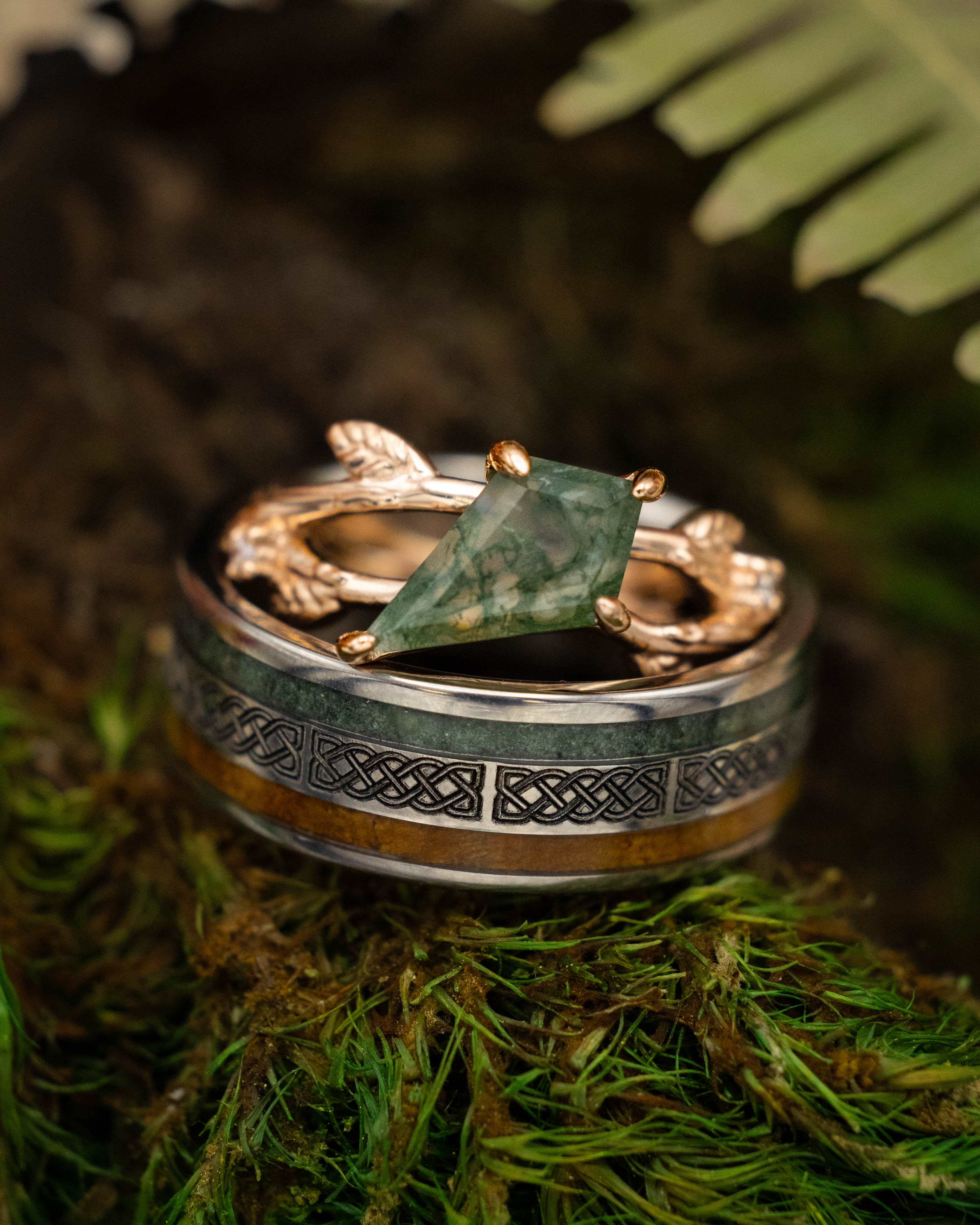 "ARTEMIS ON THE VINE" DIAGONAL - KITE CUT MOSS AGATE ENGAGEMENT RING WITH DIAMOND ACCENTS & A BRANCH-STYLE BAND - Image 11