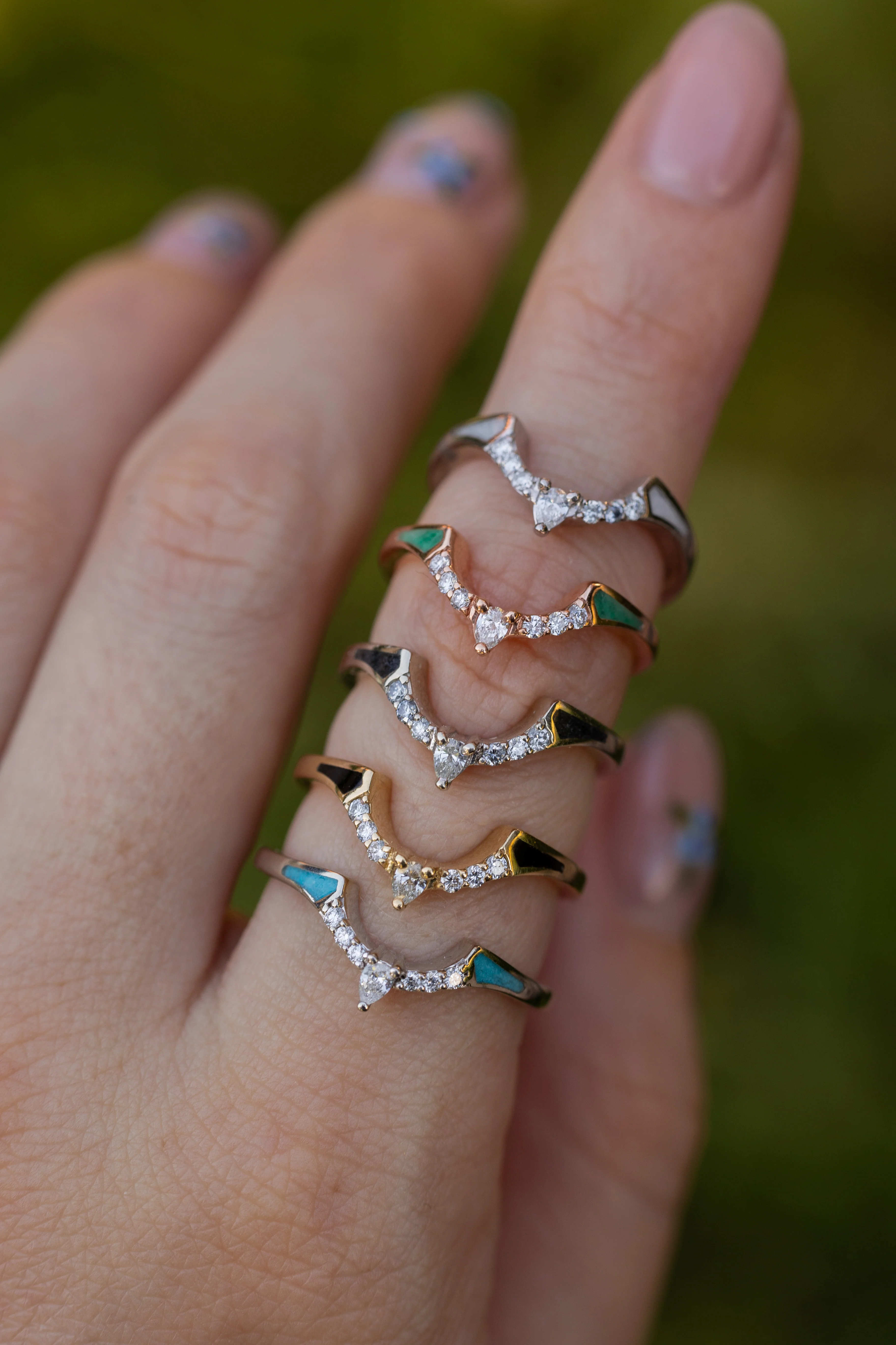 "SAMA" - TURQUOISE CONTOURED WEDDING BAND WITH DIAMOND ACCENTS - Image 13