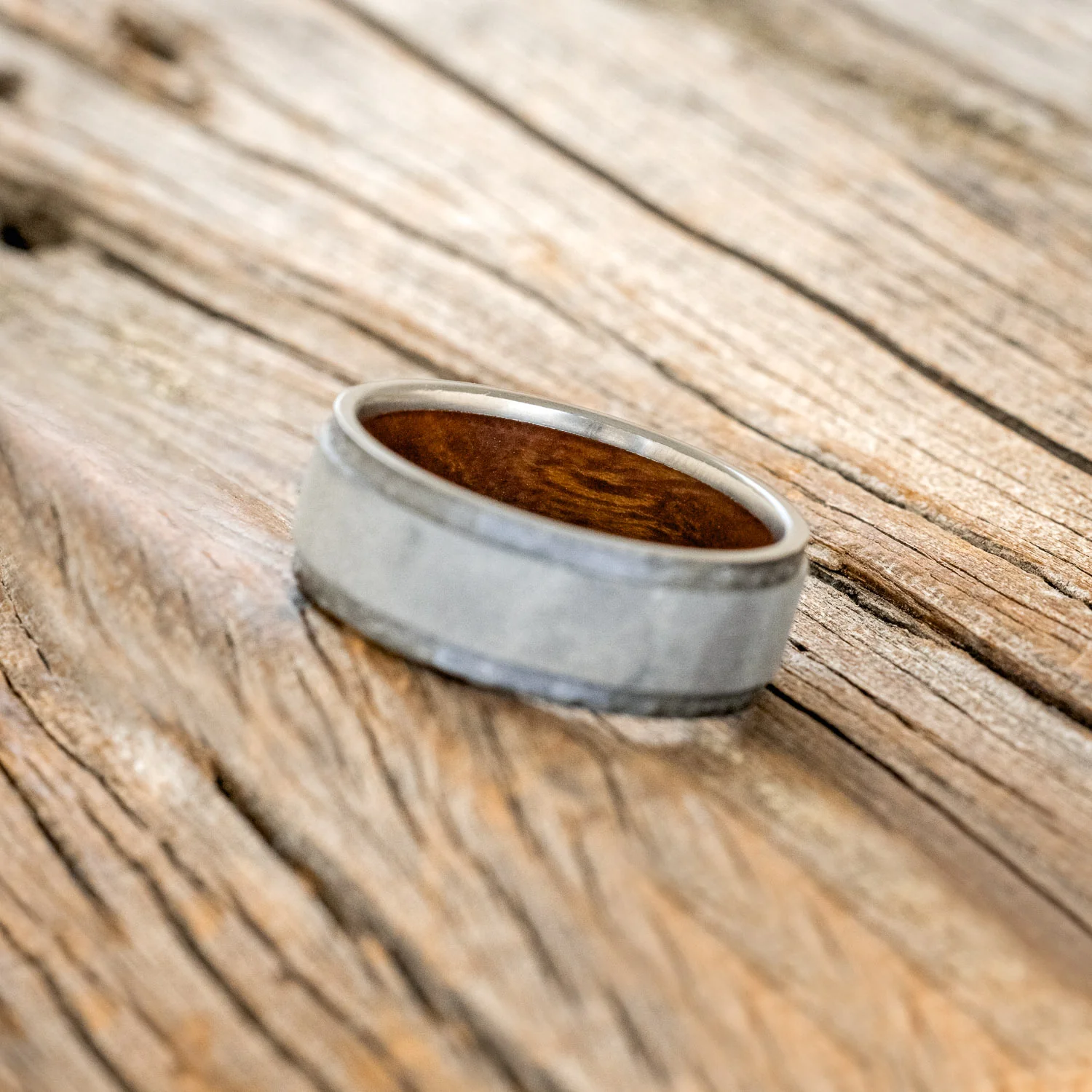 "SEDONA" - WHISKEY BARREL LINED WEDDING RING WITH HAMMERED EDGES & SANDBLASTED CENTER - Image 10