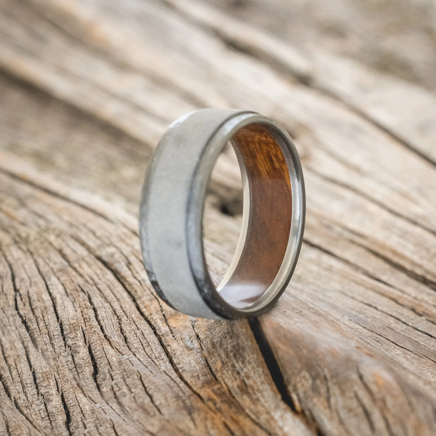 "SEDONA" - WHISKEY BARREL LINED WEDDING RING WITH HAMMERED EDGES & SANDBLASTED CENTER - Image 11