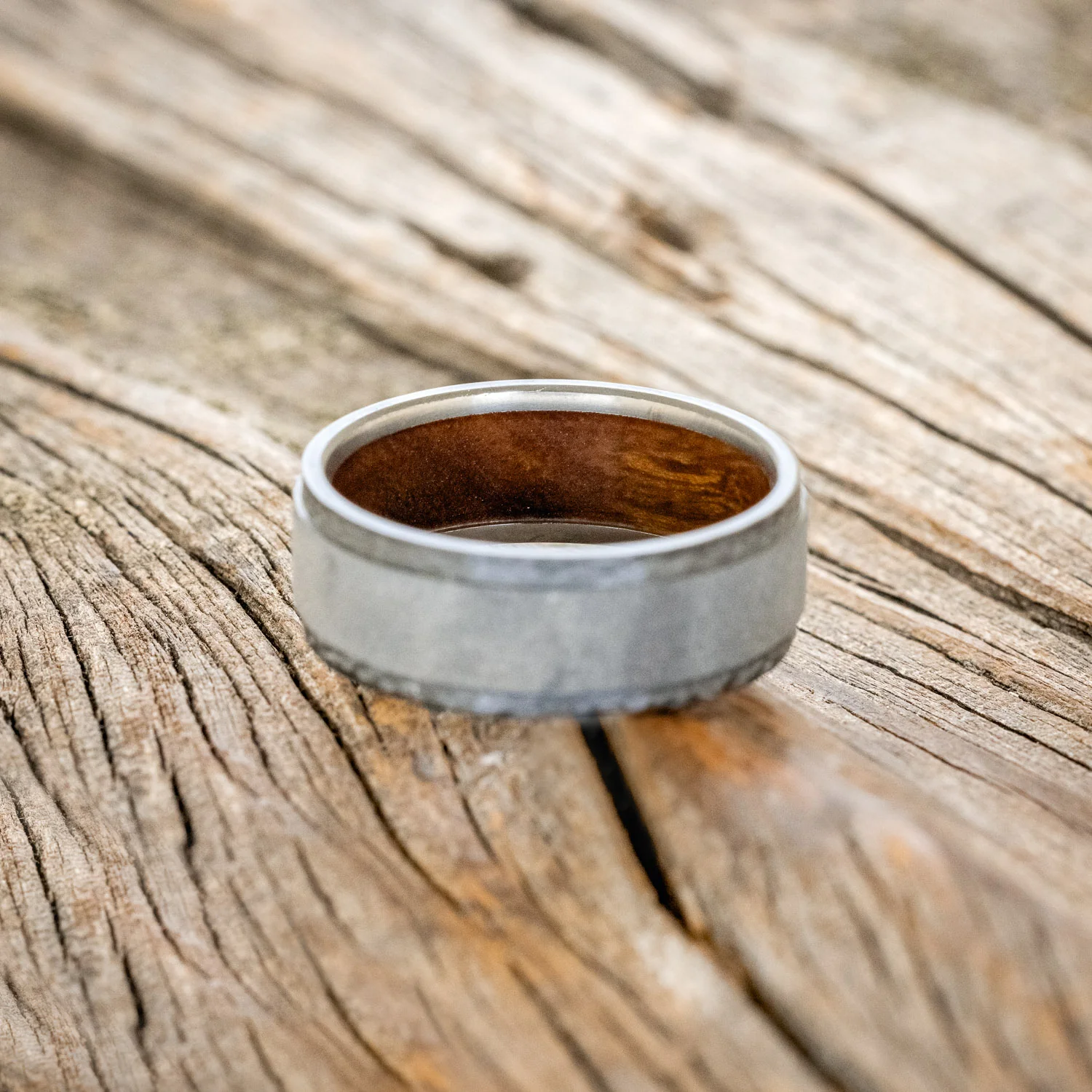 "SEDONA" - WHISKEY BARREL LINED WEDDING RING WITH HAMMERED EDGES & SANDBLASTED CENTER - Image 12