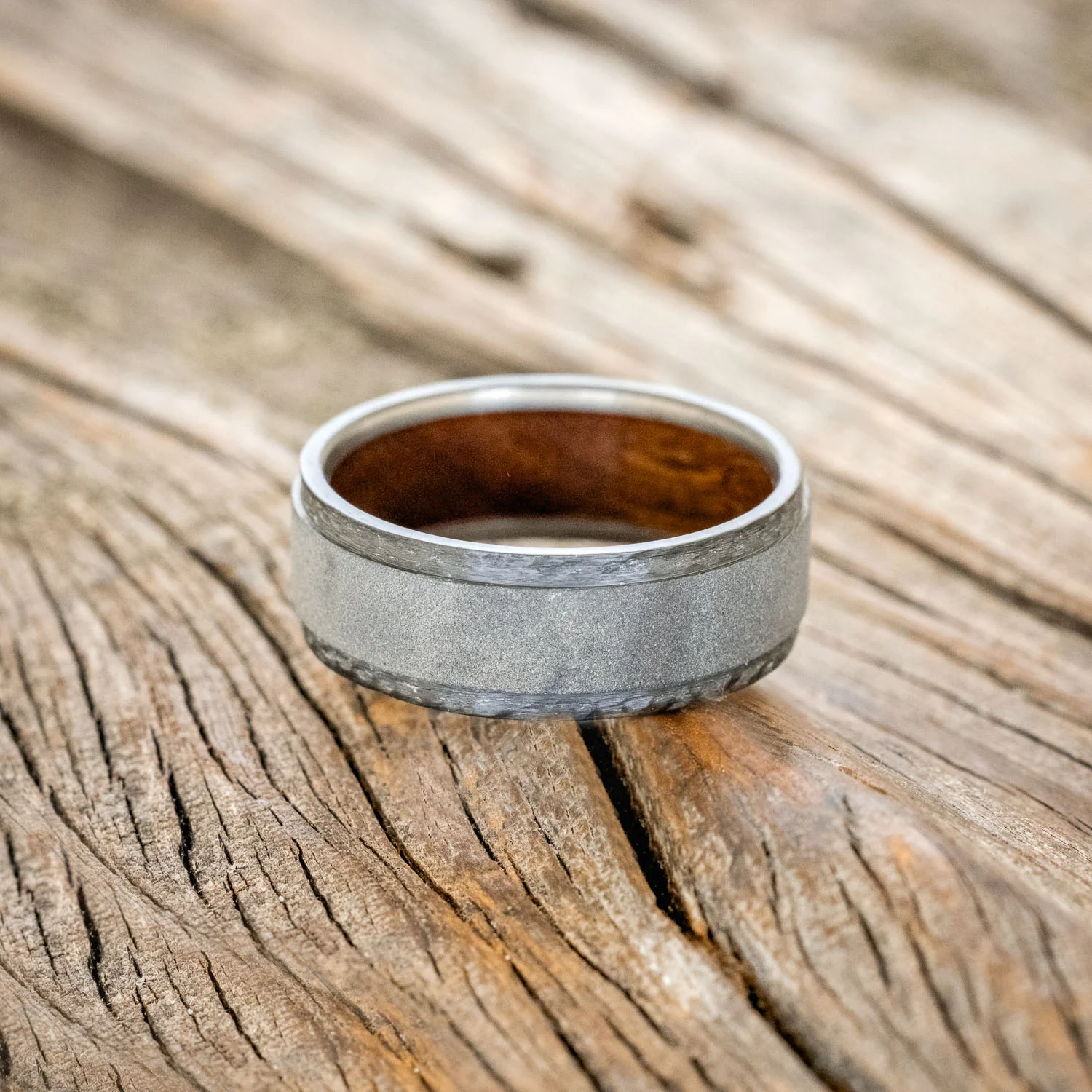 "SEDONA" - WHISKEY BARREL LINED WEDDING RING WITH HAMMERED EDGES & SANDBLASTED CENTER - Image 13