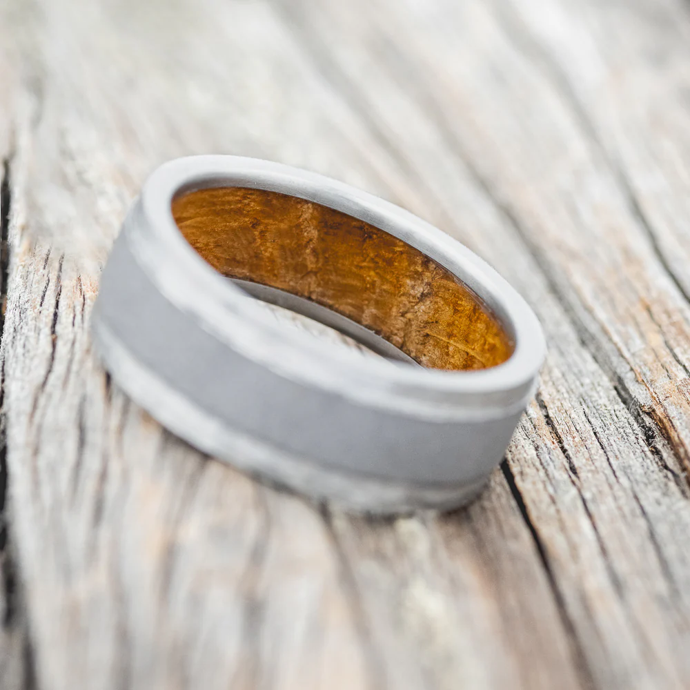 "SEDONA" - WHISKEY BARREL LINED WEDDING RING WITH HAMMERED EDGES & SANDBLASTED CENTER - Image 4