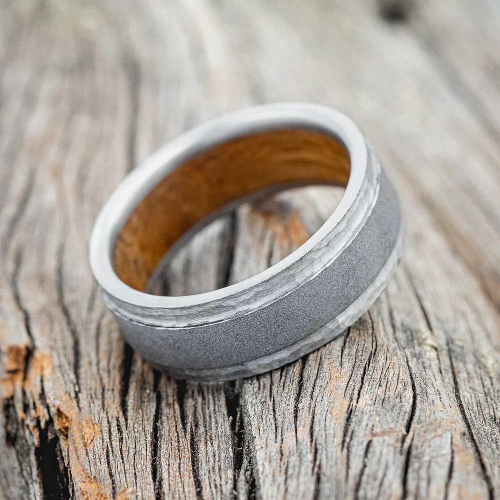 "SEDONA" - WHISKEY BARREL LINED WEDDING RING WITH HAMMERED EDGES & SANDBLASTED CENTER - Image 5
