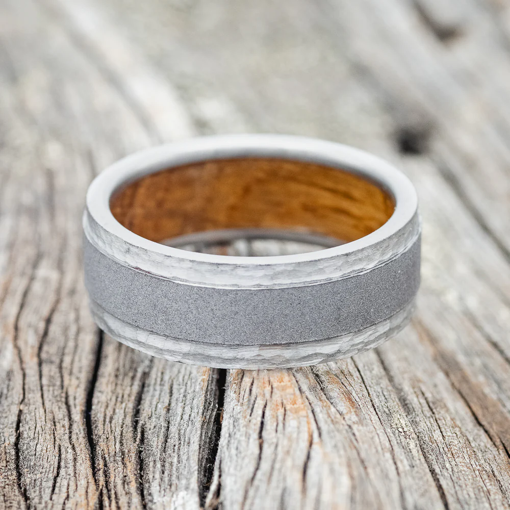"SEDONA" - WHISKEY BARREL LINED WEDDING RING WITH HAMMERED EDGES & SANDBLASTED CENTER - Image 6