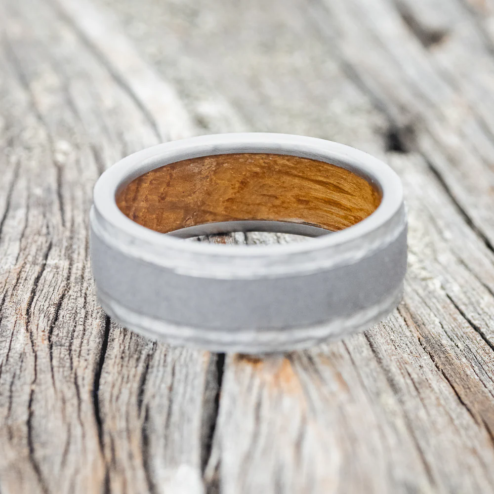 "SEDONA" - WHISKEY BARREL LINED WEDDING RING WITH HAMMERED EDGES & SANDBLASTED CENTER - Image 7