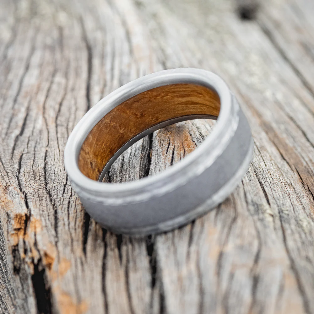 "SEDONA" - WHISKEY BARREL LINED WEDDING RING WITH HAMMERED EDGES & SANDBLASTED CENTER - Image 8